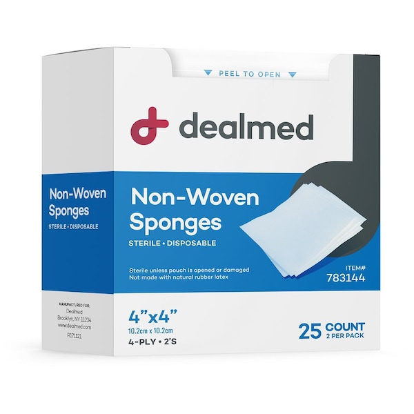 Dealmed Gauze Pads, Sterile 2'S, Non Woven, 4" X 4", 4 Ply, 25/Bx, 24/Case, 600PK 783144 - main